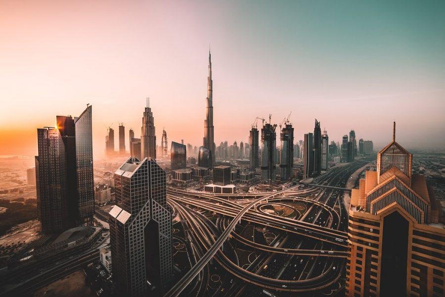 Wide-shot of Dubai city in the UAE.