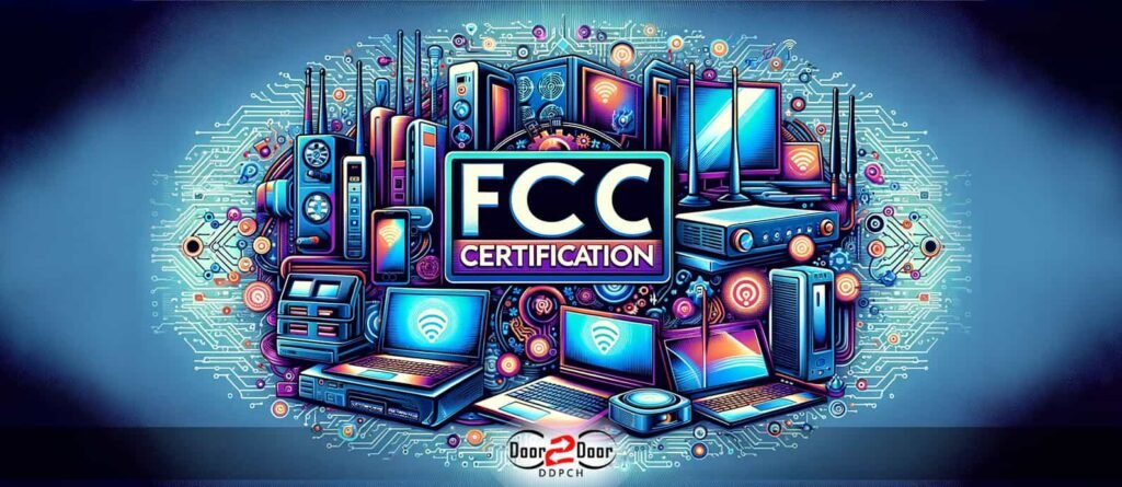 Horizontal infographic featuring bold text 'FCC Certification' surrounded by realistic images of various electronics, including laptops and mobile phones, on a digitally inspired background.
