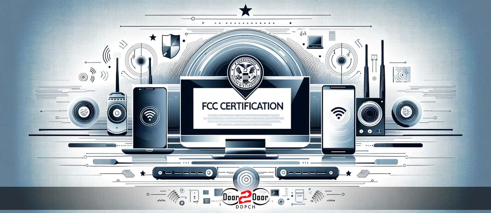 Infographic displaying 'FCC Certification' with images of electronic devices like laptops, smartphones, and Wi-Fi routers, set against a modern, circuit-patterned background.